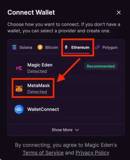 MagicEdenでウォレット接続選択画面